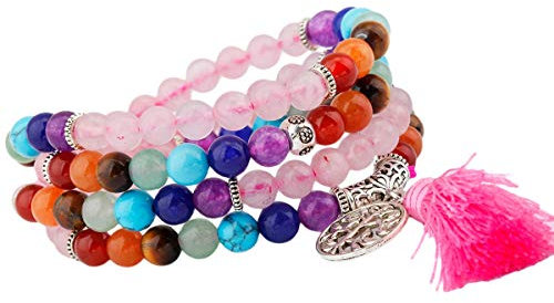 KYEYGWO Mala Bracelet Perlé en Pierre Cristal Précieuse, Rondes Bouddhistes 108 Perles Collier Élastique pour Femme et Homme, Quartz Rose/7 Chakra