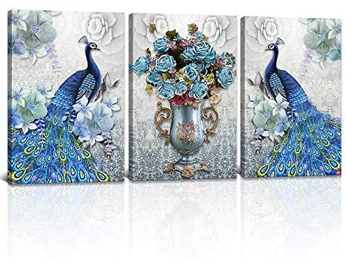 DekHome Blue Peacock Elegante Blumenstrauß Vase Giclée Bild Malerei 3 Stück Tier Pfau Wand Kunst gespannt und gerahmt Vintage Home Office Decor 30,5 x 40,6 cm x 3 Stück Antik Medium pfau