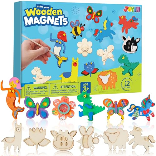 JOYIN Bastelset Kinder Holz Magnet Kühlschrankmagnet zum Bemalen für Kinder,Bemalen Set,Bastelset Kinder,Holzkunstmalerei Bemalen für Kinder Geschenk,Geburtstagsfeiern Familienhandwerk 12 Stück.