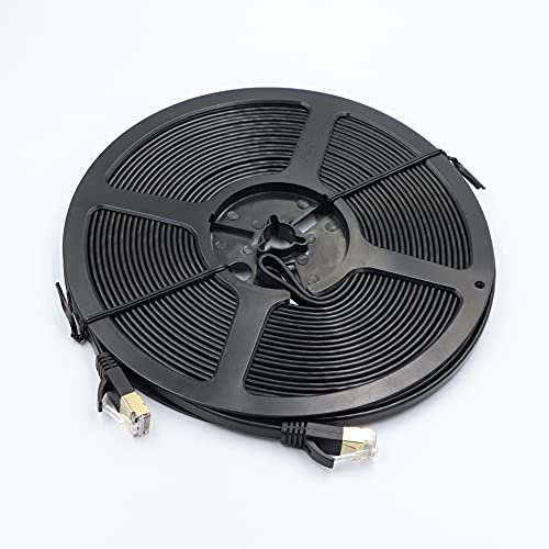 EXTNGO Reel Flat Black CAT7, 30Feet, High Speed 10 Gbps Internet Cable, Easily Manually Retractable Ethernet Cable. Clips included.