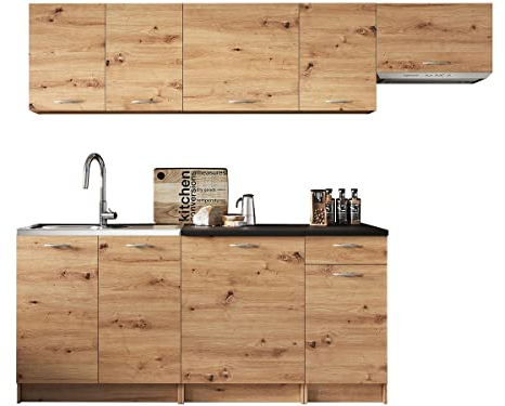 Küche Mela 180/240 cm, Küchenblock/Küchenzeile, Farbauswahl, 7 Schrank-Module frei kombinierbar (Artisan Eiche + Schwarz)