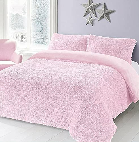 NIGHTZONE Luxury Teddy Bear Fleece Long Fur Cuddles Alaska Duvet Cover Set Warm Cosy Soft Teddy Bedding Set (Alaska Pink, Double)