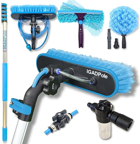 IGAD Pole 20ft Washing Kit: Water-fed Brush, Cobweb Duster and 10”(25cm) Squeegee and Soap Dispenser, with 5-Stage Telescoping Pole 5-20ft(6m) Pole