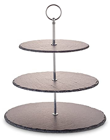 ECHTWERK EW-ET-1780 Etagere-/ Servier-Ablage für Gebäck, Obst, Käse und Dessert aus Naturschiefer mit 3 Ebenen und Metallgriff, Silber-Edition, Ø Schieferplatten ca. 20/25/ 30 cm, Steingut