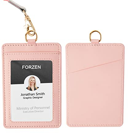 Porta badge verticale, in pelle, con finestra trasparente e cordino da collo, per uomini e donne, insegnanti, infermiere (rosa)