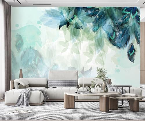 Papier Peint Panoramique Feuilles De Plumes Bleues Dessinées À La Main Papier Peint 3D Tapisserie Murales Decoration Murale -MIWEI Wallpaper-020-350cmx256cm