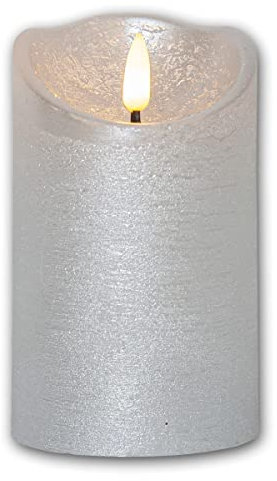 Star Trading LED Echtwachskerze 3D FLAMME RUSTIC, silber, Timer, Höhe 12,5cm, Durchmesser 7,5cm, batteriebetrieben, Flackereffekt