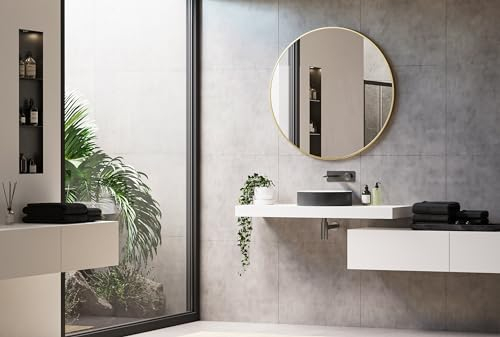 BERNSTEIN® Badezimmerspiegel 8232 rund mit Leichtmetallrahmen in Schwarz, Weiß und Gold Wandmontage Wandspiegel Badspiegel Bad, Spiegel mit Aluminiumrahmen in Gold, Spiegel Ø 100cm