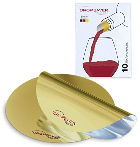 DROPSAVER® Weinausgießer Plättchen | Tropffreier Flaschenausgießer für Wein & Sekt | Wiederverwendbar aus PET-Folie | Gold | 10 Stück, Made in Germany