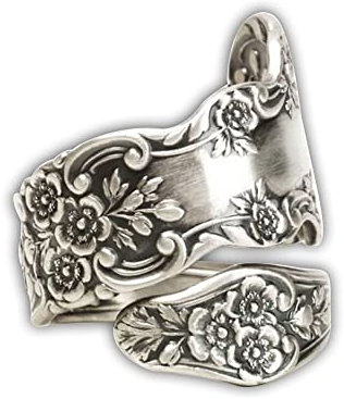 OIDIMS Vintage Flowers Spoon Rings Promise Wedding Engagement Statement Boho Circling Rose Flower Cluster Finger Open Ring Adjustable Extendable Wrap Bands for Women Men Retro Jewelry