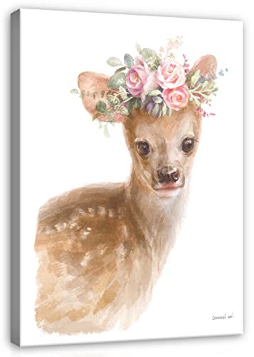 Leinwandbild Kinderzimmer Tiere Reh Hirsch Blumen 100x75 cm | Modern Gross Canvas Leinwand Bilder Groß Wandbilder für Kinder Baby Mädchen Wandbild Kunstdruck Wand Bild auf Leinwand Aufhängefertig