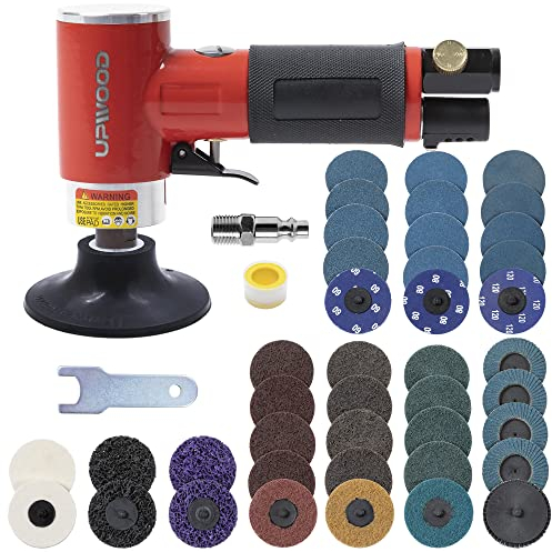 UPWOOD Mini Air Angle Die Grinder Kit, 75mm, 3 Inch Pneumatic Mini Sander Set, Right Angle Surface Preparation Tool with 41pcs Roll Locking Quick Change Discs Set
