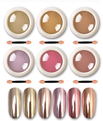 Rose Gold Chrome Nail Powder, 6 Boxes Mirror Shiny Nail Glitter Dust Holographic Metallic Nail Art Pigment Powder for DIY Nail Decoration