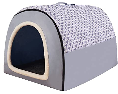 DENSUL Haustierbett, Großer Hund Hundehütte, Winter Wärme Halten Waschbar Innen Luxus Hundehaus Vier Jahreszeiten Hundehöhle Iglu mit Kissen,Grey Blue,XXL 92 * 68 * 72cm