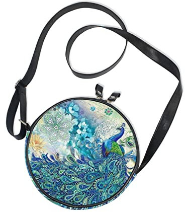 Runde Umhängetasche für Damen, Baseball, Sportball, kleine Kreis-Tasche, Handtasche, Pfau