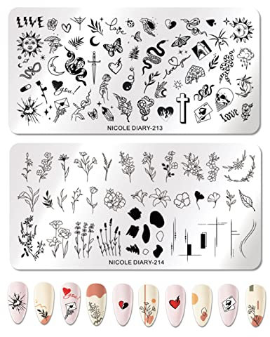 Nail Stamping Plates, 2 Pcs Nail Art Stamping Templates Leaves Flowers Butterfly Heart Nail Stamping Kit Manicure Tool for DIY Nail Art Design