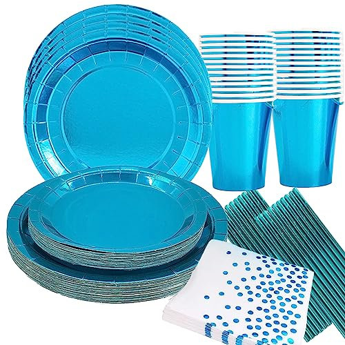 96Pcs Blue Party Dinnerware Set With Gold Dots for 24 Guests - Disposable Paper Plates, Cups, Straws, Napkins - Tableware for Birthday, Wedding