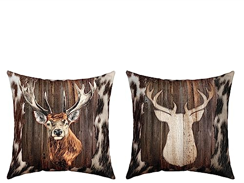 2er Set Kissenbezüge Hirsch Kissenbezüge 40x40cm Hirsch Jagd Kuhfell Dekokissen für Wohnzimmer Sofakissen Couchkissen Dekor Kissenbezug Umkehrbar Western Bauernhof Tier Haut Braun Dekor Kissenhülle