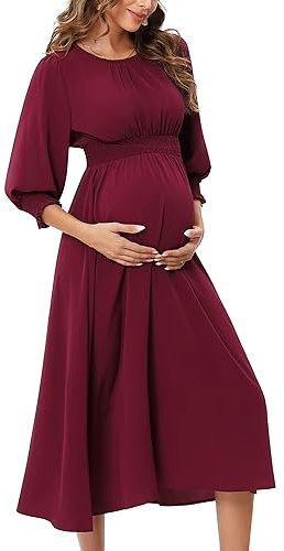 KOJOOIN Damen Umstandskleid Langarm Schwangerschafts Kleid für Schwangere mit Rundhalsausschnitt und Rüschen Rotwein-Langarm M