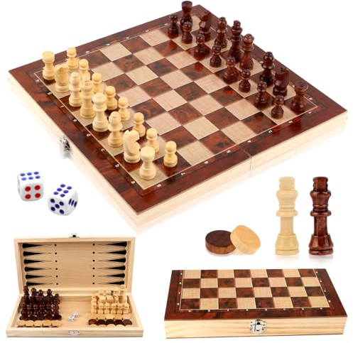 talifoca Juego De Ajedrez 3 En 1 de Madera, Juego de Ajedrez Damas Backgammon, Tablero Ajedrez de Viaje Ajedrez Madera, Portatil Tablero Ajedrez para Familiares Fiesta Viaje 29×29 CM