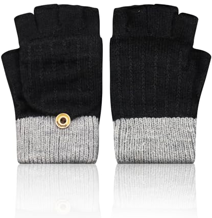 Abnaok Handschuhe Fingerlos, Thermohandschuhe Winter Damen Herren, Strickhandschuhe mit Flip Abdeckung, Geeinget für Innen und Außen Sporthandschuhe Fingerless Gloves (Schwarz)