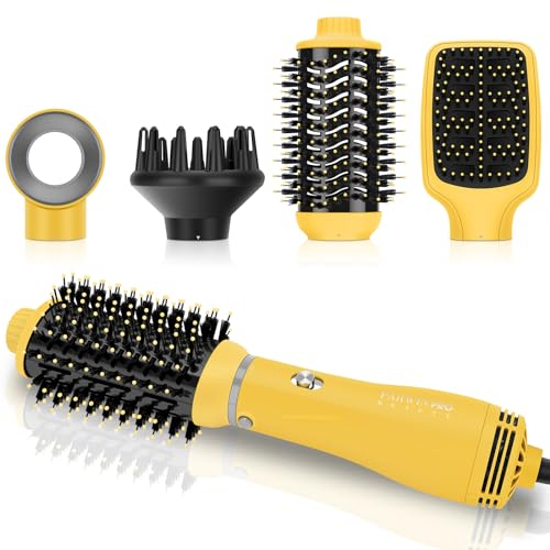 4 IN 1 Haartrockner Warmluftbürste Set, PARWIN PRO BEAUTY Styler-Set, Föhnbürste Lockenbürste mit 4 Aufsätze zum Trocknen, Glätten, Volumen und Stylen, Ionen Pflege (Gelb)