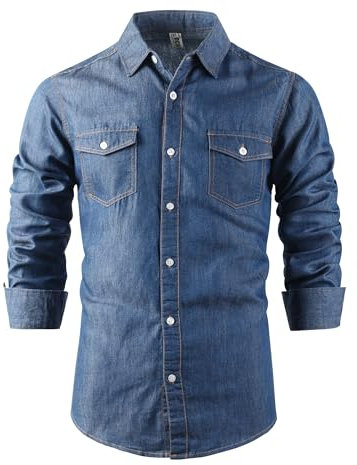 Tianerhay Mens Long Sleeve Denim Shirts Button Down Western Casual Flap Pocket Top 1 BlueXS