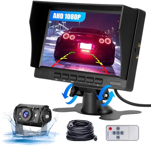 CAMECHO Rückfahrkamera Set mit 7 Zoll LCD Display,AHD Rückfahrkamera mit IP69 Wasserdicht Nachtsicht,Unterstützung Rückfahrhilfsleitung,Bild Spiegeln für LKW/Bus/Van/Trailer 12V-24V