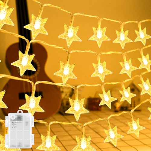 BOLWEO LED Lichterketten Sterne, 6M/19.68ft 40Led Batteriebetriebene Lichterkette IP65 Wasserdicht Lichterketten mit Timer für Innen Außen Weihnachtsbaum Garten Party Fenster Dekor