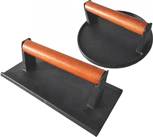 Firsgrill Burgerpresse mit flachem Boden, 18 cm, rund und 21,6 x 10,9 cm, rechteckig, robustes Gusseisen, Smash Meat Steak mit Holzgriff für Blackstone Weber Treager Grills (F&YPP)