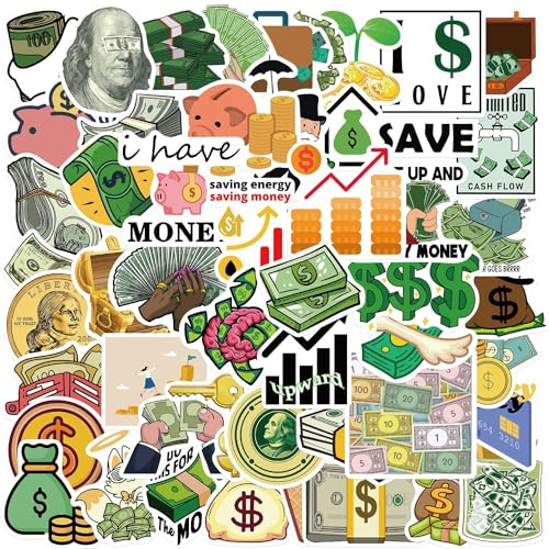 Bric Dodo 50 Stück Geld Aufkleber Auto Laptop Telefon Gitarre Skateboard Motorrad Fahrrad Dollar Stickers Set Vinyl Wasserdicht Aesthetic Aufkleber für Jugendliche Kinder Erwachsene