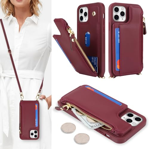 SailorTech Handyhülle für iPhone 11 Pro Max Etui mit Kartenfach, iPhone 11 Pro Max Hülle mit Verstellbarer Halskette, iPhone 11 Pro Max Handytasche mit Reißverschluss Geldbörse - Burgunderrot