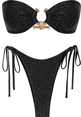 ZAFUL Women's Tie Dye Ribbed O Ring Lace Up Tie Side Bandeau Bikini Set Two Piece Swimsuit Sexy Swimwear
