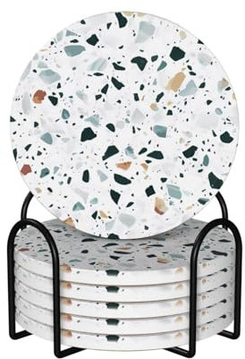Lot de 6 dessous de verre ronds en liège en céramique Terrazzo Marbre Pastel Imprimé : dessous en liège antidérapant Compatible avec toutes les tasses à café, tasses de sport et tasses