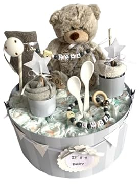 Windeltorte - Kuscheltiere - Geschenk, Babyparty, Geburt, Taufe, Babygeschenk (Grau)