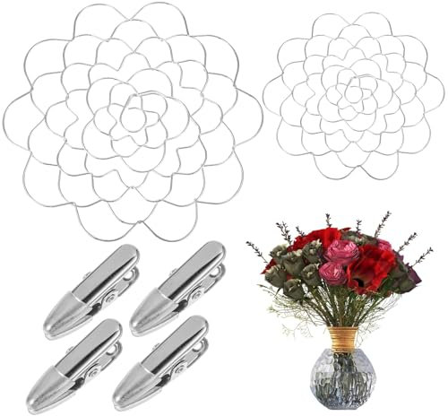 GEEHUA 2 Stück Blumen Arrangement Halter mit 4 Clips, Edelstahl Blumengitter Arranger Halter Blumen Runddraht Blumen Arrangement Werkzeug für Vasen Pflanzenstiele Blumenfixierung Basteln