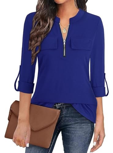 Gemulate Blue Shirts for Women UK Pink Zip Up Top 3/4 Sleeve Tops for Women UK Plaid Tunic Blouse Long Sleeve Polo Top Floral Printed Shirts Dress Tops for Women UK - Solid Blue, XXL
