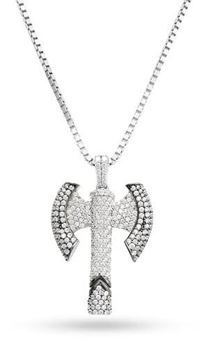 Dfine Jewelry Store Two Tone Double Axe Necklace for Men 925 Sterling Silver CZ Diamonds Iced Out Viking Axe Pendant with Rope Chain Bling Hip Hop Style Nordic Jewelry