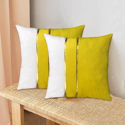 XIEJINJIA 2er Set Samt Kissenbezug mit Gold Leder Kissenhülle Sofakissen Dekorative Dekokissen Zierkissenbezüge für Couch Schlafsofa Wohnzimmer Schlafzimmer 45 x 45 cm Gelb/Weiß