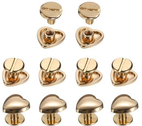 QUARKZMAN 10 Set Leder Nieten 10 x 10mm Doppelkappe Hohlnieten Hornschrauben Zubehör mit Metall Schraubnieten Rücknieten Punk für Gürtel Dekoration Kleidung Herz Niete (Goldton)
