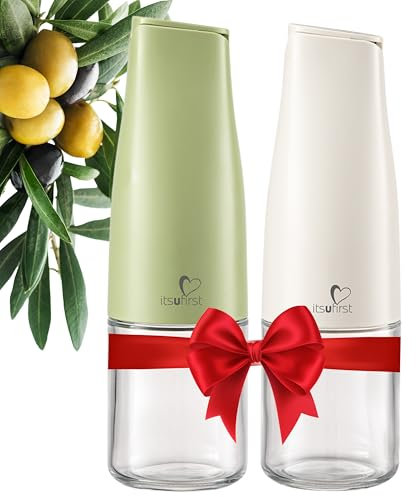 itsufirst® Olive Oil and Vinegar Dispenser Set – 2x500ml Glass Pourer Bottles with Auto Flip, Non-Spill, Drizzlers, Leakproof Oil Bottles for Kitchen Cooking, Meadow & Pure (Green+Off-White) Duo Pack