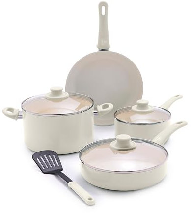 GreenLife Soft Grip 8-teiliges Kochgeschirr-Set, ungiftig, PFAS-frei, Keramik, Antihaftbeschichtung, Braten, Soße, Sautieren, Utensilien, Glasdeckel, kühlbleibende Griffe, wackelfrei, spülmaschinen-