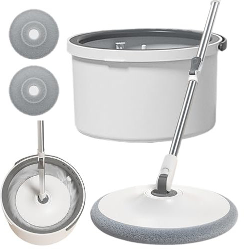Juego de fregona giratoria y cubo con 2 almohadillas de microfibra reemplazables, sistema de agua sucia y limpia con cabezal de fregona giratorio de 360° para suelos de madera dura, mármol (redondo)