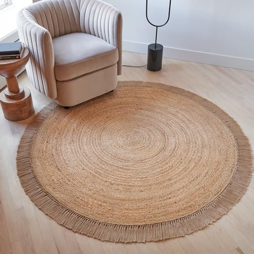 Hermosa alfombra redonda de yute para tu hogar. Esta alfombra natural tejida a mano de 5 x 5 pies se adapta perfectamente a tu entrada, cocina o sala de estar. Alfombra circular trenzada moderna que