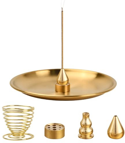 5 in 1 Supporto per Bastoncini di Incenso in Ottone, Porta Incenso, Bruciatore in Ottone per Bastoncini, Ash Catcher Incenso per Yoga Meditazione Casa del Tè