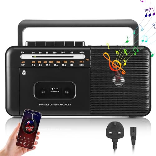 Cassette Player Boombox AM/FM Radio Stereo,Portable Cassette Tape Player/Recorder with Big Speaker and Earphone Jack,Support USB/TF Card, Blue-tooth Radio Cassette Player Mains and Battery