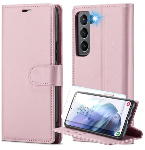 for Samsung Galaxy S21 Case and Screen Protectors with RFID Blocking Credit Card Holder, PU Leather Folio Flip Kickstand Protective Shockproof Women Men for Samsung S21 Wallet Phone Case (Rose Gold)