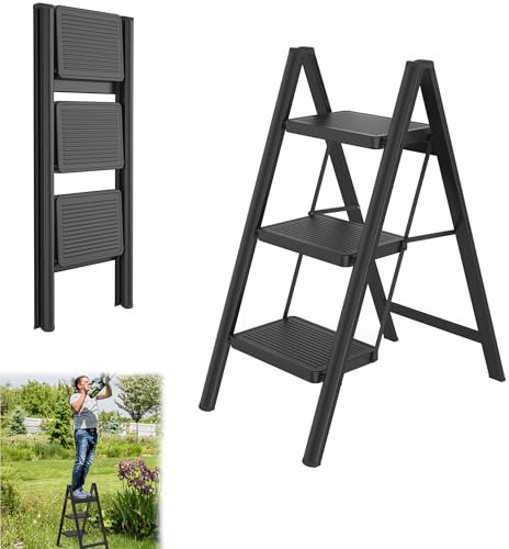 YRHome 3 Stufen Klappbar Trittleiter Leiter Tritthocker Klapptrittleiter mit breitem rutschfeste Pedal Multifunktionale Haushaltsleiter Stehleiter Bis 250KG Schwarz für Haushalt, Küche Büro Außen