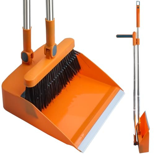 FKKFSS Long Handle Dustpan and Brush, Windproof Vertical Extension Pole, Swivelling Broom Set - Orange