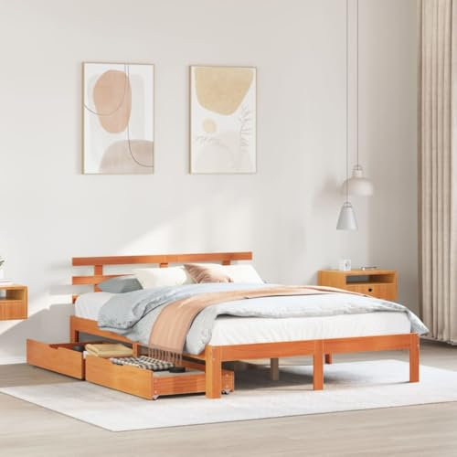 Homgoday Schrankbett mit Schubladen Wachsbraun 150x200 cm Kiefer Massivholz Bettrahmen Bettrahmen Bettgestell Moderner Rahmen für Wohnzimmer Schlafzimmer